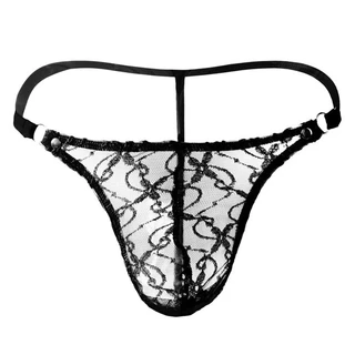 Fio Dental Homem Renda Vermelha Transparente U Convexo Sexy See-Through T Pants Rebites Homens Sexy Roupa íntima Presente de férias