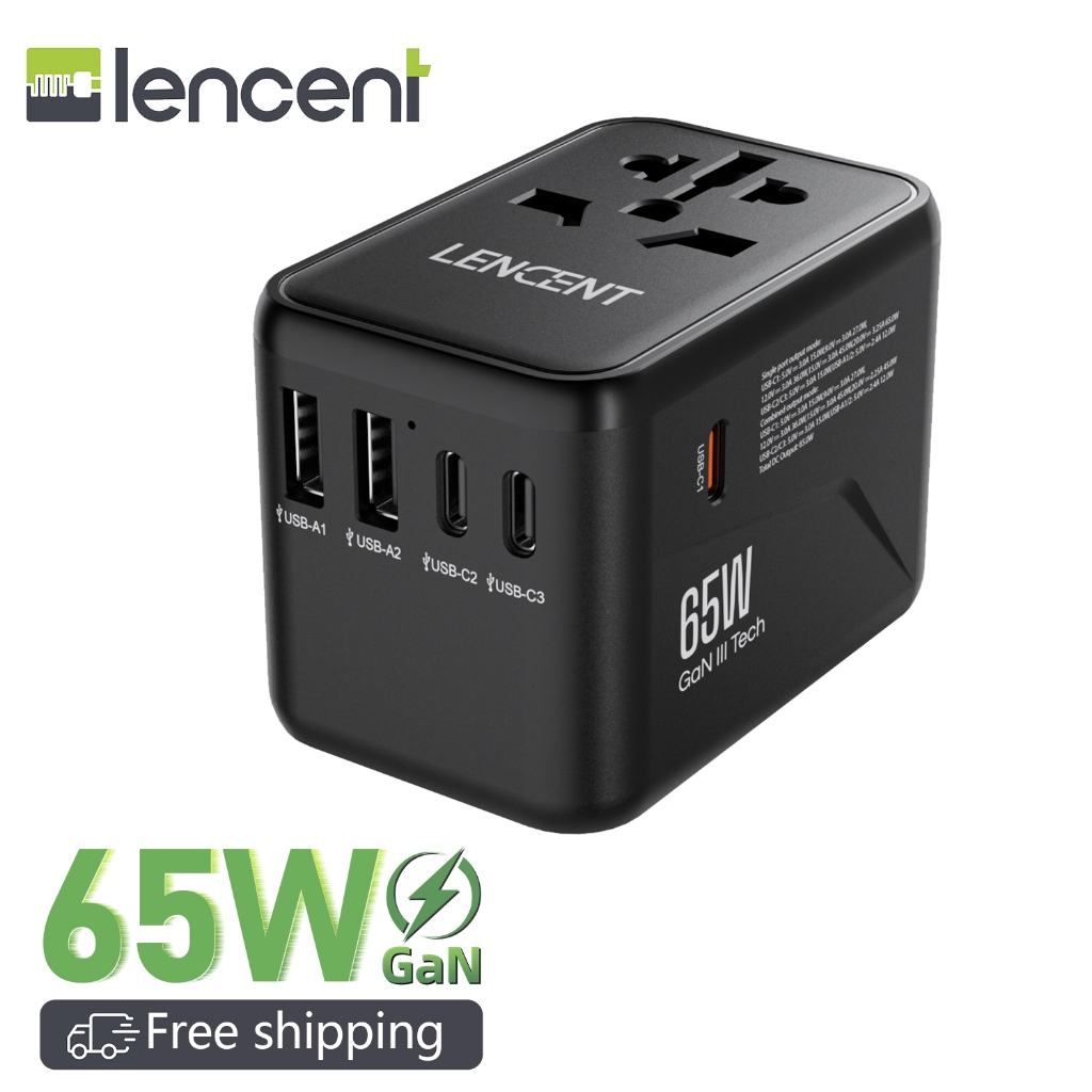 LENCENT GaN III 65W Adaptador Universal De Viagem , Carregador Internacional Com 2 Portas USB E 3 Adaptadores De Carregamento Rápido-C PD De Parede Mundial Tipo