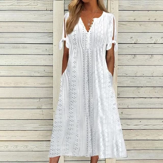 Pastel De Verão Maxi Vestido Botão V Nó De Gravata De Pescoço Manga Curta Flowy Beach Férias Uma Linha Vestidos Com Bolsos