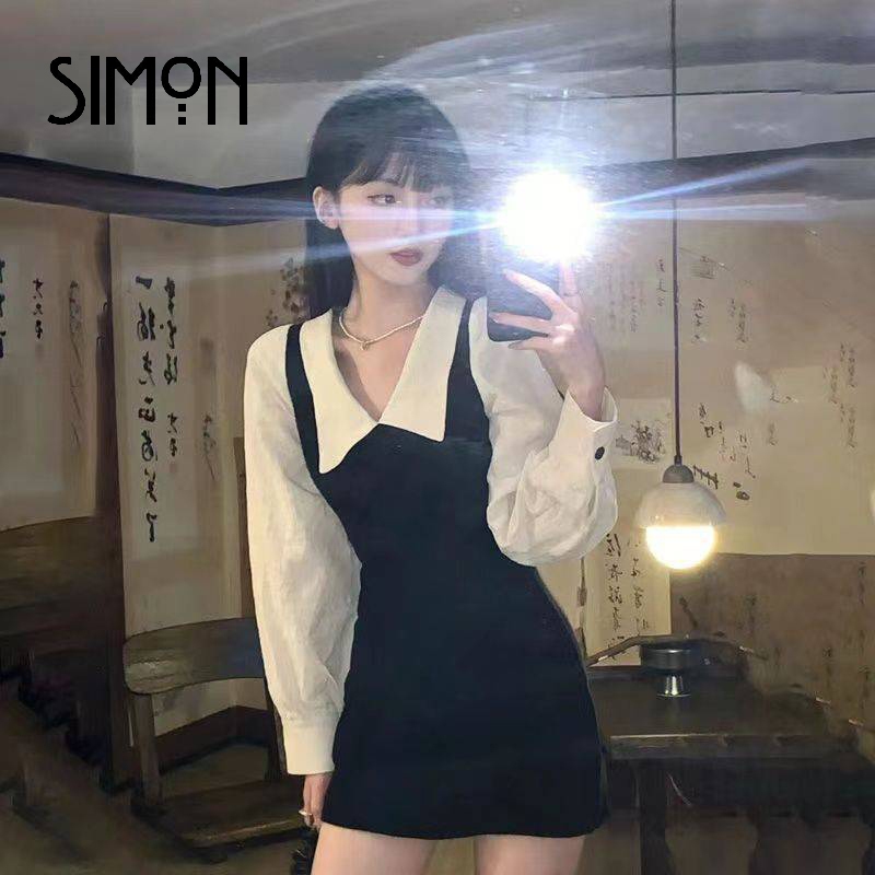 Simon Preppy Mini Vestidos De Manga Longa Para Mulheres Estilo Moda Coreana Fofo Peter Pan Collar Linha A Falsos 2Pcs Casual Chic