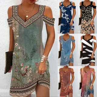 Mulher Oferta Sexy Ombro Em V Vestido De Pescoço Verão 2023 Casual Joelho Solto Comprimento Boho Praia Robe Femme