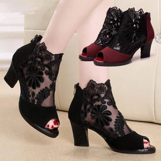 2024 Nova Moda Feminina Saltos Altos Renda Flor De Tornozelo Correia Oca Sandálias Com Zíper Redondo Zapatos De Mujer