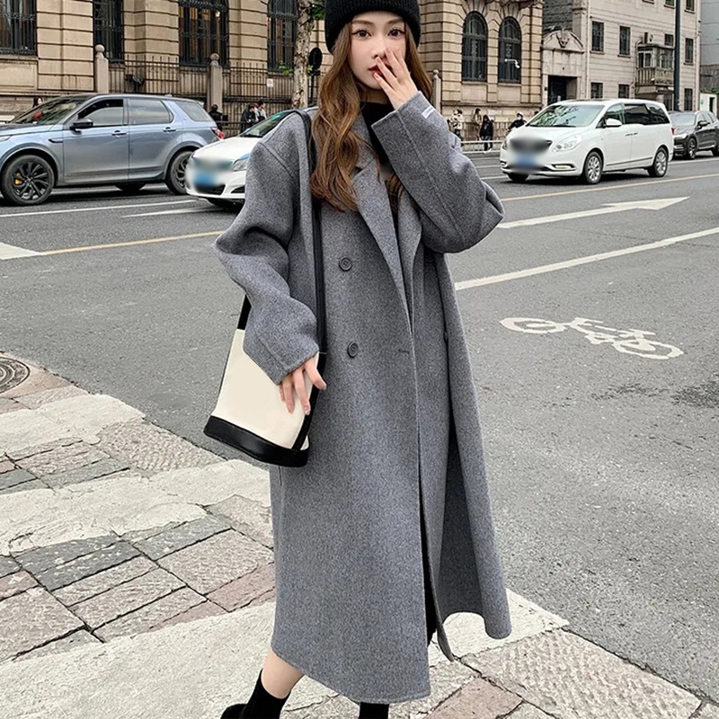 Casaco De Lã Coreano Feminino Solto Ajuste Comprimento Médio Outono ...
