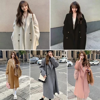 Casaco De Lã Coreano Feminino Solto De Comprimento Médio De Inverno De Outono Espessado