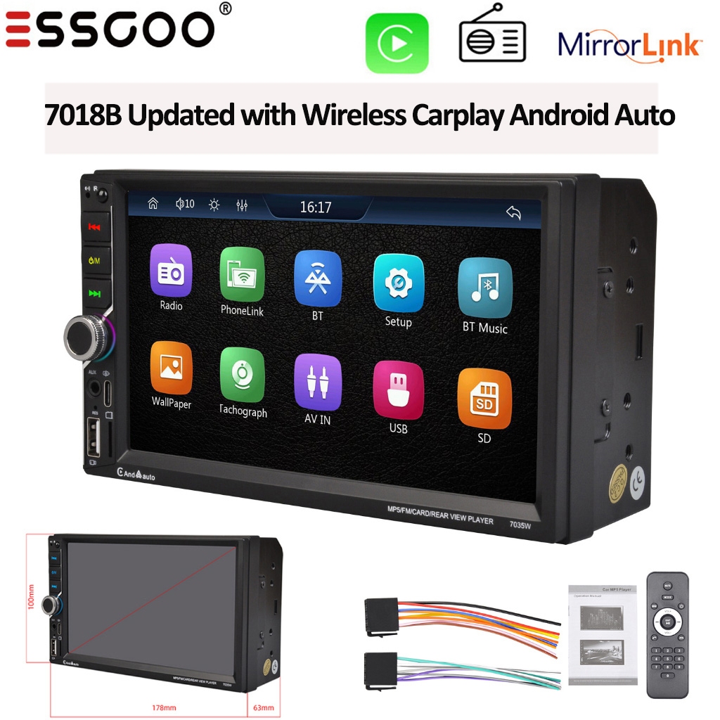 ESSGOO Promoção 7018B MP5 Atualizar 2 DIN Car Stereo Radio Carplay Android  Auto Sem fio Bluetooth Player FM/USB/TF/Android