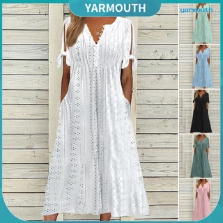 YYR-- Vestido De Verão Mulher Cor Sólida Manga Oca Fora Curta V Botões De Pescoço Namoro Bolsos De Renda Linha A Lady Midi Feminino