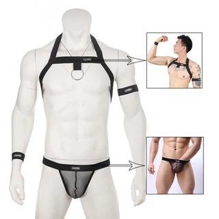 Homens Sexy Underwear Set Jockstrap Preto Branco Bondage Correias Halter Chest Harness + Hollow Out G-String Tangas Lingerie Roupas