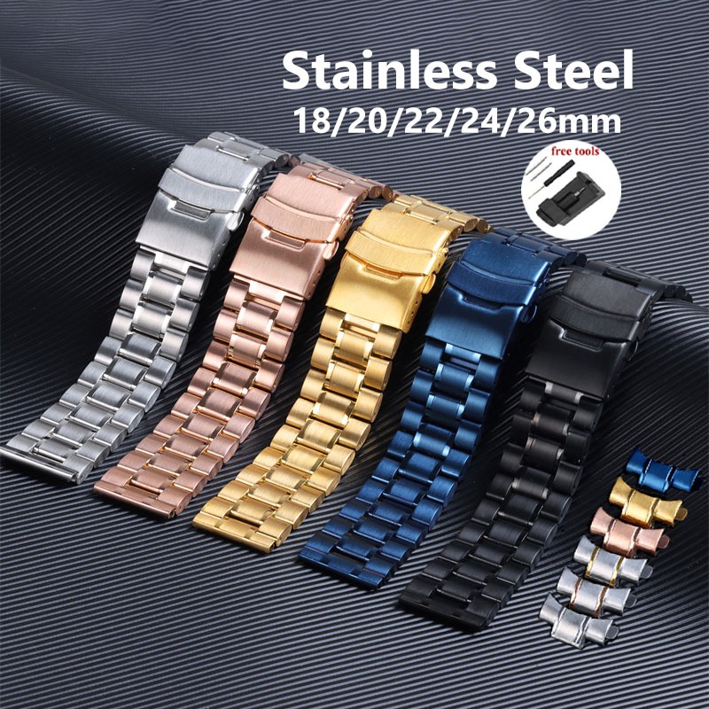 5 Contas Pulseira De Relógio De Aço Inoxidável 18mm 20mm 22mm 24mm 26mm Cinta Metal Sólido Fivela Plana De Extremidade Curva Substituição Universal