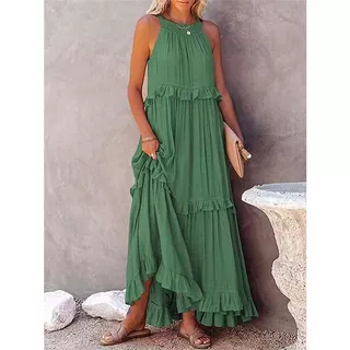 Summer Loose Long Dress Women Casual Elegant Pleated Halter Sleeves Women Party Clothes Beach Maxi Green Tie-up Robe Vestidos
