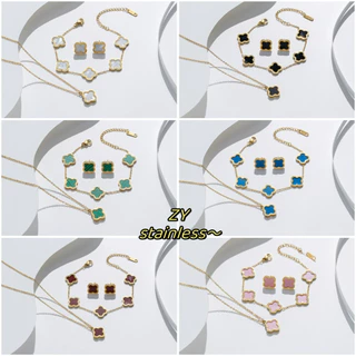 Lucky Four Leaf clover Pulseira De Aço Inoxidável Quatro Folhas Conjunto De Jóias De Orelha , Concha E Titânio Acessório Sem Desbotamento Para Mulher