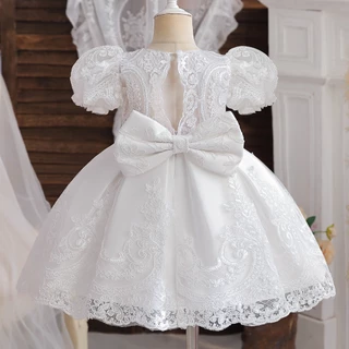 Vestido De Noiva Para Meninas Flores Festa De Casamento De Verão Bebê Tutu Bordado De Renda Batismo Toddler Branco
