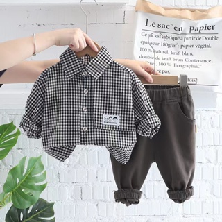 0-5 Anos De Idade Meninos Camisa Pólo De Lapela Xadrez Para Conjunto De Calças De Manga Comprida Bebês Bonitos Duas Peças