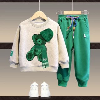 Conjunto De Primavera Outono Infantil Chapéu De Cachecol Urso De Lenço Impresso E Calças 2Pcs Baby Fashionable Sportswear Boys Hoodies