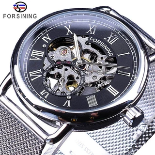 Forsining Classic Black Silver Skeleton Relógios Mecânicos Para Homens Mesh Belt Caixa Transparente À Prova D'água Relógio Masculino D'água
