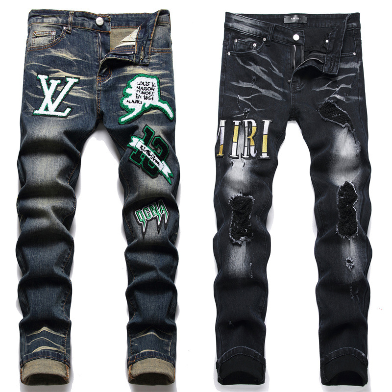 Calça Jeans Homem Streetwear Punk Denim Slim Skinny Impressão Lápis De Moda
