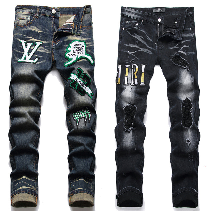 Calça Jeans Homem Streetwear Punk Denim Slim Skinny Impressão