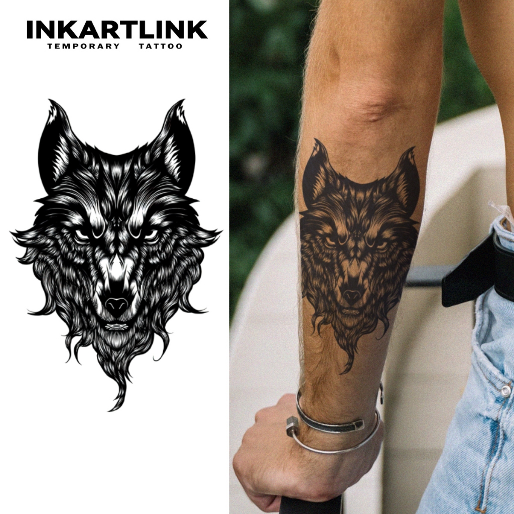Wolf Head Adesivos Temporários De Tatuagem , Mágica De Longa Duração À Prova D'água , Dura Até 15 Dias Falsa semi Permanente .