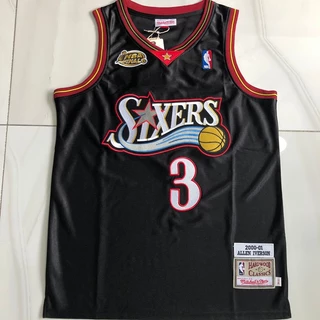 Bordados Requintados Masculinos Jersey Philadelphia 76ers Allen Iverson Mitchell Ness 2000-01 Clássicos De Madeira Dura Preta