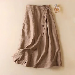 Saia Midi Casual De Linho De Verão Feminina De Linha A Com Bolsos Simples De Cor Sólida