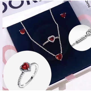 100 % Autêntico S925 Prata Esterlina PANDORA Colar De Anel Brincos Conjunto De Love Crystal Red Passion