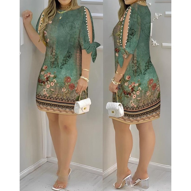 Novo Verão 2024 Meia Manga De Barco Reto Regular Férias Diárias Ligeira Esticada Floral Tribal Impressão Pérolas De Dividida Decoração Casual Mini Vestido Feminino