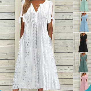 Women Vestido De Verão Cor Sólida Manga Oca Fora Curta V Botões De Pescoço Namoro Bolsos De Renda Linha A Lady Midi Roupas Femininas