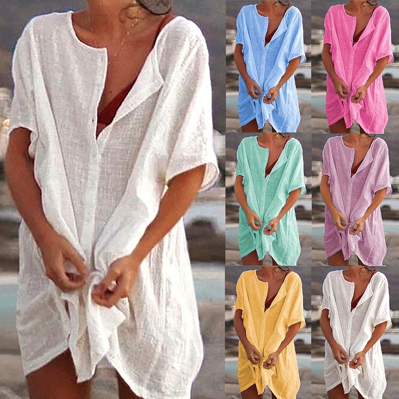 Saida de Praia Vestido Chemise Camisa Camisao - Premium Branco Manga Longa