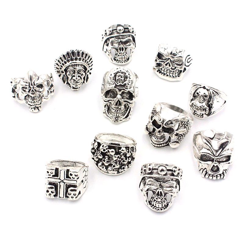 10pcs Anéis De Prata Skull Rings For Men Punk Style Fashion Jewelry Presentes De Festa