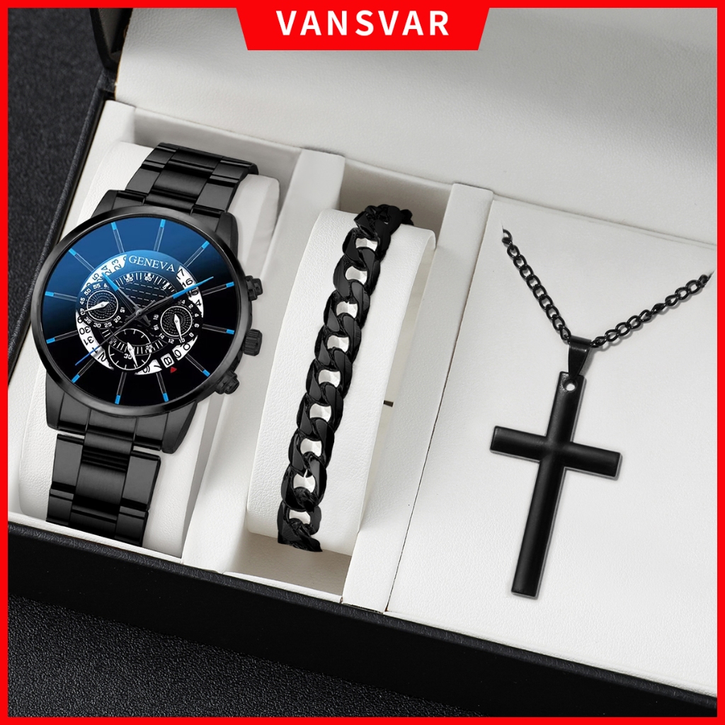 Relógio De Genebra Calendário Masculino Conjunto De Pulseiras De Quartzo De Aço Inoxidável