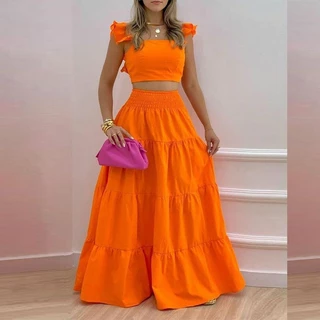 Conjunto feminino Sem Mangas Ruffled Cropped Boho Floral Estampa Color lisa Elastic Cintura Saia Longa Moda Duas Peças