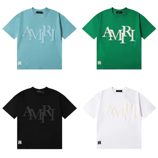 2024 Primavera Verão Novo Estilo Verão Lindo Estilo de Verão Lindo Luxo Leve AMIRI Espuma AMIRI Impressão Staggered Puro Algodão Fio Duplo Casual Camiseta de Manga Curta Homens Mulheres