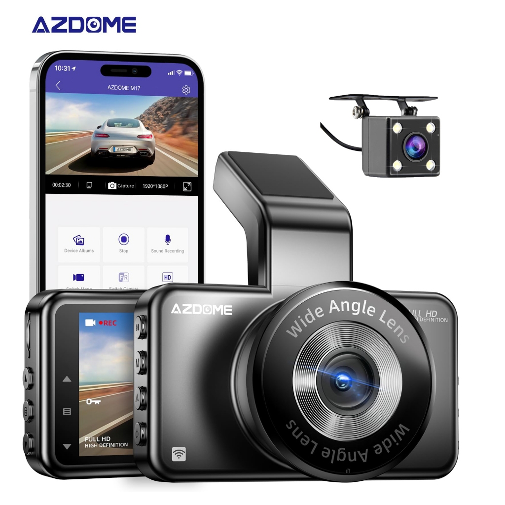 AZDOME M17 Câmera Dash Cam Inteligente 1080P Gravador De 3 Polegadas Com Tela IPS WIFI 150 ° Ângulo Amplo , Sensor G , Monitor De Estacionamento , Gravação De Loop , Super Visão Noturna