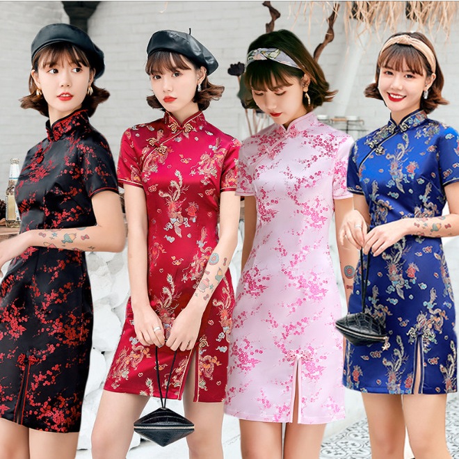 Vestido longo bodycon estampado em flor de ameixa para mulheres, vestidos  elegantes de manga curta estilo chinês sexy cheongsam, moda verão 2023 -  AliExpress