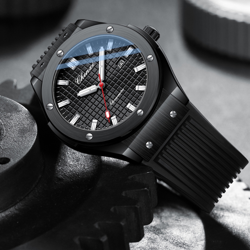 Relógio CHENXI Skeleton Homem Silicone Preto Esportivo Relógios De Pulso Grandes À Prova D'água Quartzo Data Waches For Man