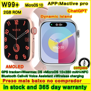 AMOLED W99 Plus Relógio Inteligente 2GB ROM Wearmax OS10 ChatGPT Bússola Dinâmica Da Ilha NFC Chamada W99 + Série 9 Smartwatch
