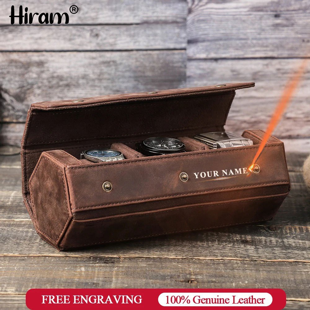 HIRAM Vintage Couro Genuíno 3 Slot Watch Case Retro Relógios Caixa Organizadora De Armazenamento Viagem Gift Free Engraving