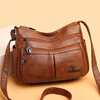 Bolsa Mulher Mensageiro Casual Média Cor Sólida De Couro PU Macio