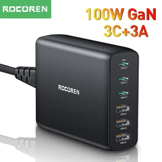 Carregador Rápido Rocoren 100W GaN 6 Portas USB Tipo C PD3.0 Estação De Carregamento Múltiplo De Mesa Para i15 Sangsung S24