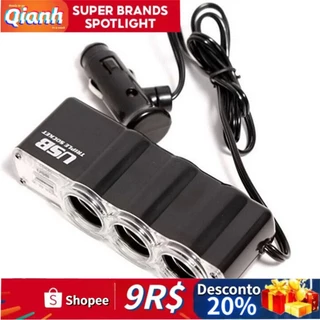 Carregador De Isqueiro 4 Em 1 De 3 Saídas 12V/24V Adaptador De Saída DC Para Carro Com Porta De Carregamento USB