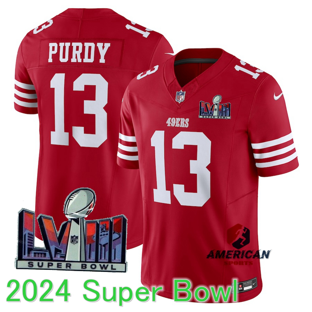 Masculino Camiseta 2024 Super Bowl LVIII San Francisco 49ers Brock Purdy 2023NFL Vapor Escarlate F.U.S.E. Limitada Camisa De Futebol Americana Jersey