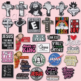 Texto Criativo Jesus Esmalte Pins Broches Vintage Cross Christian Brooch Easter Crucifixo Pin Lapela Crachás Jóias Presente Para Amigos