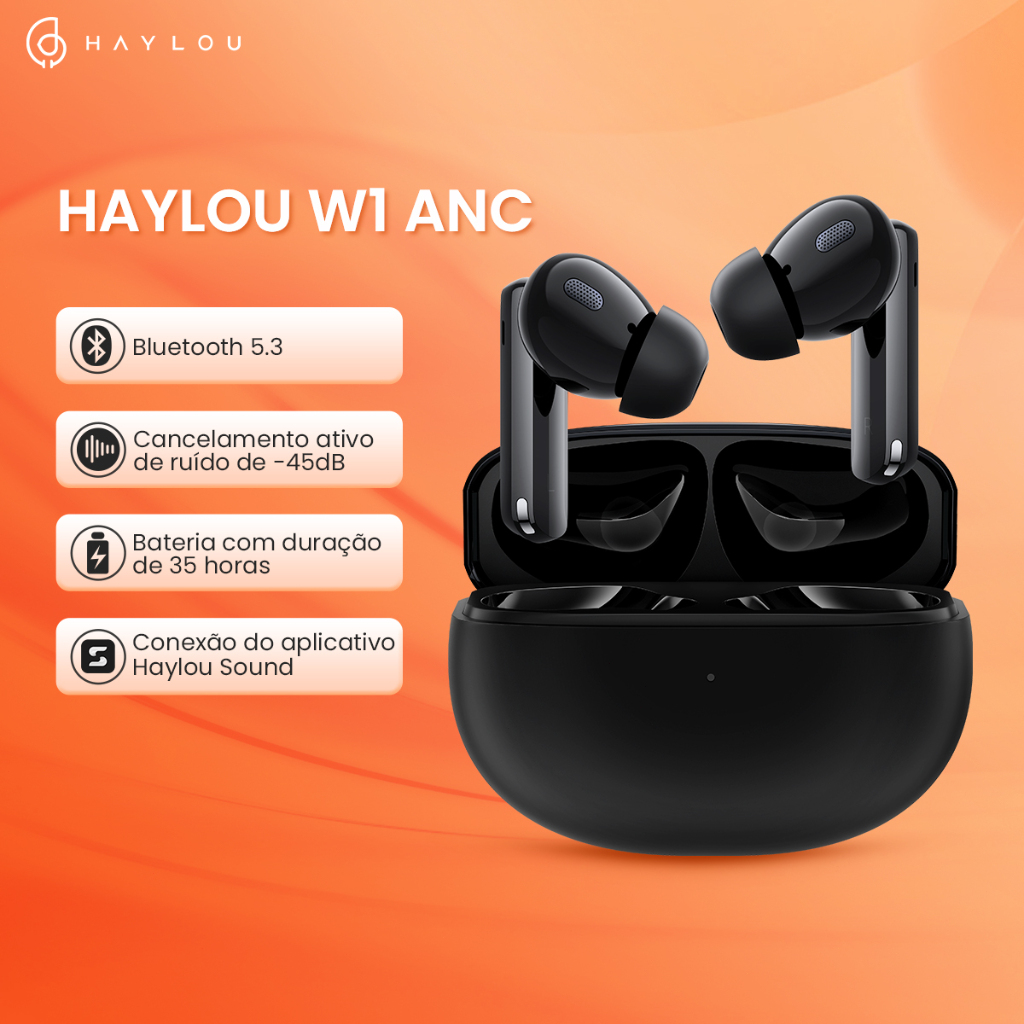 Haylou W1 ANC TWS Fones Sem Fio -45db ANC Bluetooth 5.3 Fone de Ouvido Prêmio Hi-Fi Som 35 Horas de Duração da Bateria