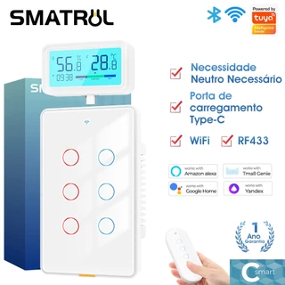 SMATRUL Tuya Smart Home WiFi RF433 US Interruptor De Toque De Parede Leve De 2 Vias 110-240V Tipo C Timing 6 Gangues Aplicativo De Voz Para Tmall Genie , Alexa , Google