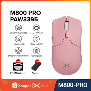 Delux M800 PRO PAW3395 Rato De Jogo DPI MAX 26000 Com Fio 2.4G Bluetooth Sem 500mAh Recarregável Programável 72g Leve Para PC/Laptop/Windows Cor-De-Rosa