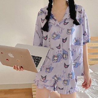 2 Pçs/Conjunto Pijama Feminino De Verão Hello Kitty Com Manga Curta/Roupa  De Dormir