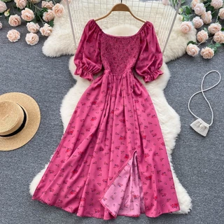 Vestido De Verão Novo Feminino casual De Cintura Alta Com Mangas Folhadas Quadrada Corte Em Trapézio