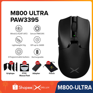 Delux M800 Ultra PAW3395 Mouse Para Jogos MAX 26000DPI Com Fio 2.4G Bluetooth Sem 300mAh 600mAh Recarregável Programável 55g Leve PC/Laptop/Windows Black/White/Blue/Pink
