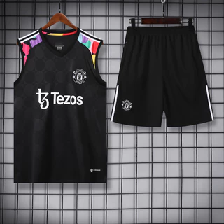 Calções esportivos de futebol de cor fluorescente preta com bolsos / Personalização do tamanho da impressão / Esportes ao ar livre / Fato de manga curta com colete
