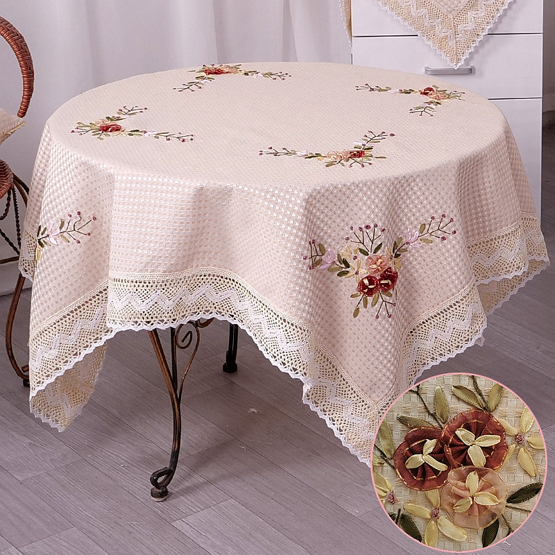 Toalha De Mesa Feita À Mão Bordado Com Fita De Seda Bege Flower Classic Rectangular Algodão Vintage Lace Cream Table Cloth Para Festa De Jantar De Cozinha