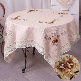 Toalha De Mesa Feita À Mão Bordado Com Fita De Seda Bege Flower Classic Rectangular Algodão Vintage Lace Cream Table Cloth Para Festa De Jantar De Cozinha
